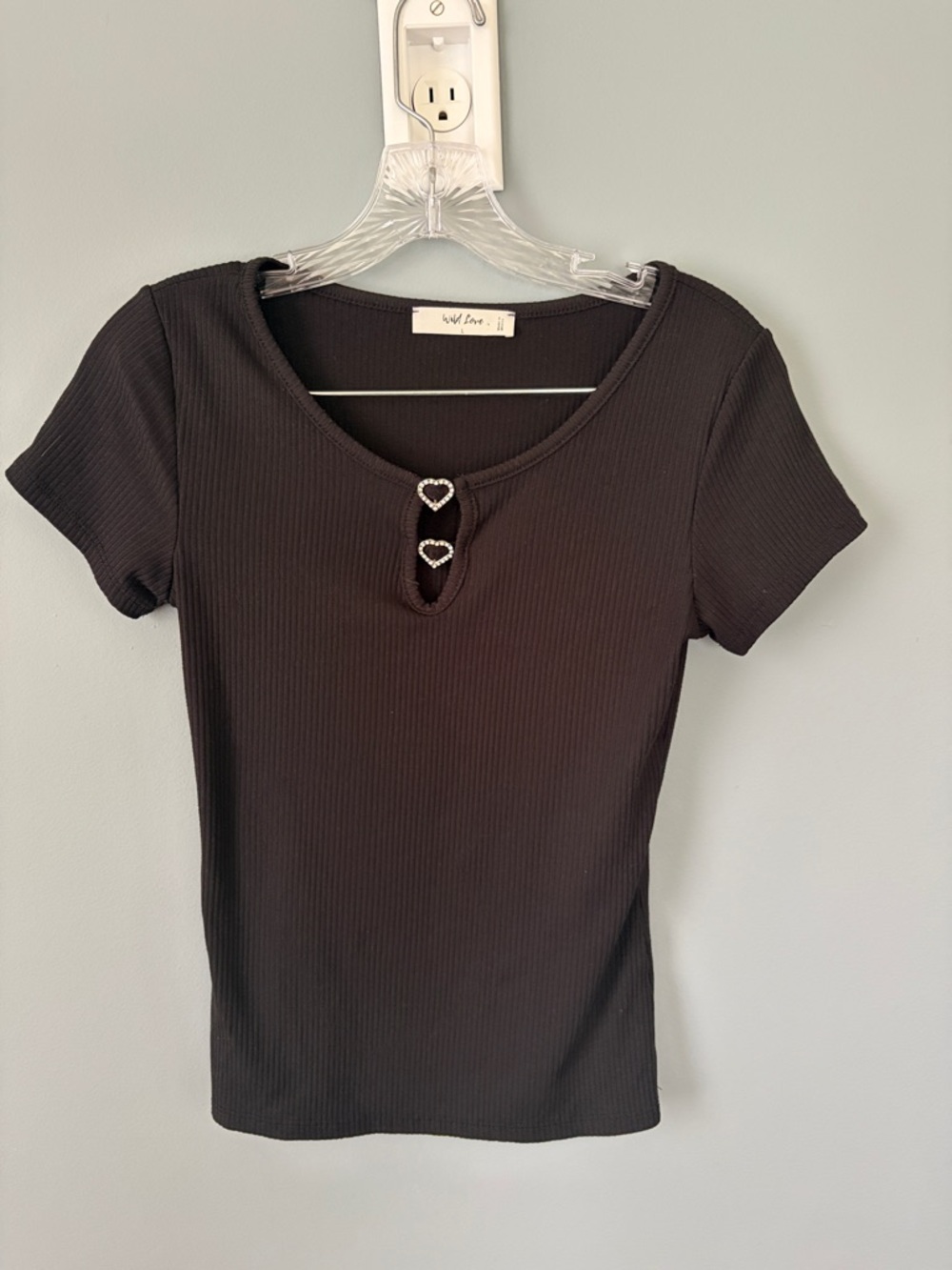 wild fable Black Ribbed Short Sleeve Top with Heart Buckle Accents